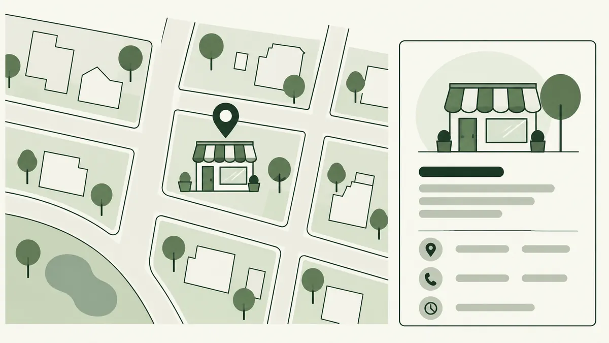 A neighbourhood shop on a map beside its business information card.